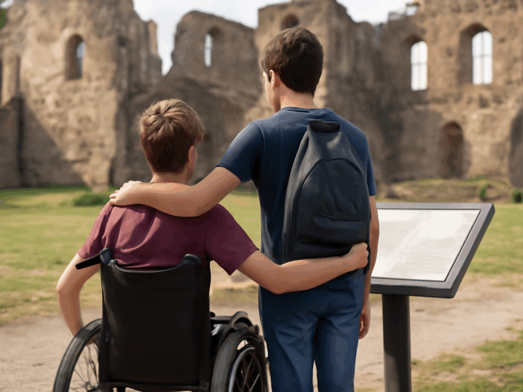 Verwendeter Prompt Zwei Freunde im Teenager-Alter stehen nebeneinander und betrachten an einem historischen Erinnerungsort eine Museumstafel. Im Hintergrund ist eine historische Ruine zu sehen. Beide Teenager stehen dabei mit ihren Rücken zum Beobachter. Einer von beiden ist körperlich eingeschränkt und sitzt in einem Rollstuhl. Der andere steht neben ihm und sie haben beide ihren Arm um den anderen gelegt. Erstelle das Bild bitte im Format 2560 x 1440 Pixel.