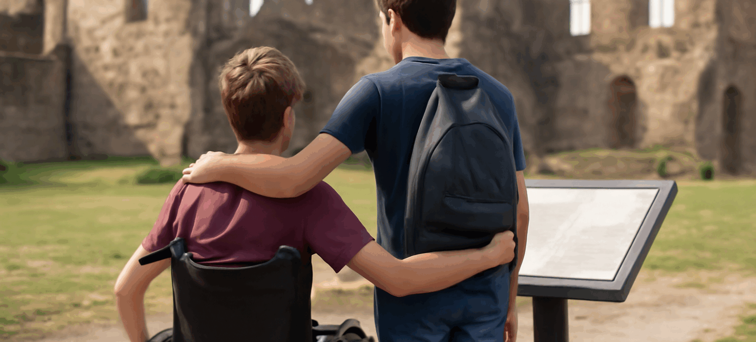 Verwendeter Prompt Zwei Freunde im Teenager-Alter stehen nebeneinander und betrachten an einem historischen Erinnerungsort eine Museumstafel. Im Hintergrund ist eine historische Ruine zu sehen. Beide Teenager stehen dabei mit ihren Rücken zum Beobachter. Einer von beiden ist körperlich eingeschränkt und sitzt in einem Rollstuhl. Der andere steht neben ihm und sie haben beide ihren Arm um den anderen gelegt. Erstelle das Bild bitte im Format 2560 x 1440 Pixel.