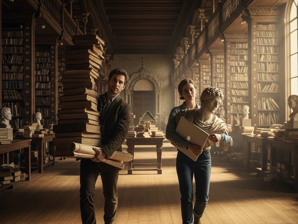 Mann mit Bücherstapel und Frau mit römischer Büste und Laptop gehen durch eine Bibliothek und symbolisieren das Anpacken beim Histocamp.