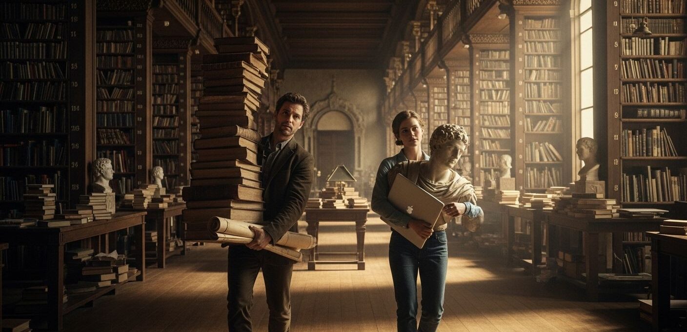 Mann mit Bücherstapel und Frau mit römischer Büste und Laptop gehen durch eine Bibliothek und symbolisieren das Anpacken beim Histocamp.