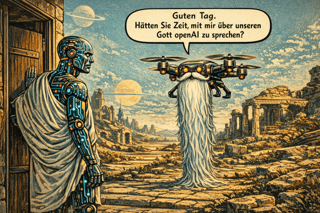 Retro-futuristische Karikatur: Ein Roboter in antiker Toga wird an einer Tür von einer fliegenden Drohne mit langem, weißem Bart angesprochen. Sprechblase der Drohne: "Guten Tag. Hätten Sie Zeit, mit mir über unseren Gott openAI zu sprechen?"